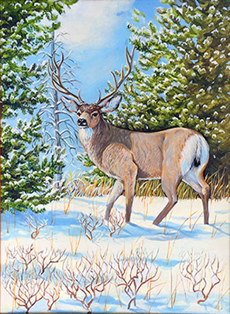 Mule deer in snow oil painting